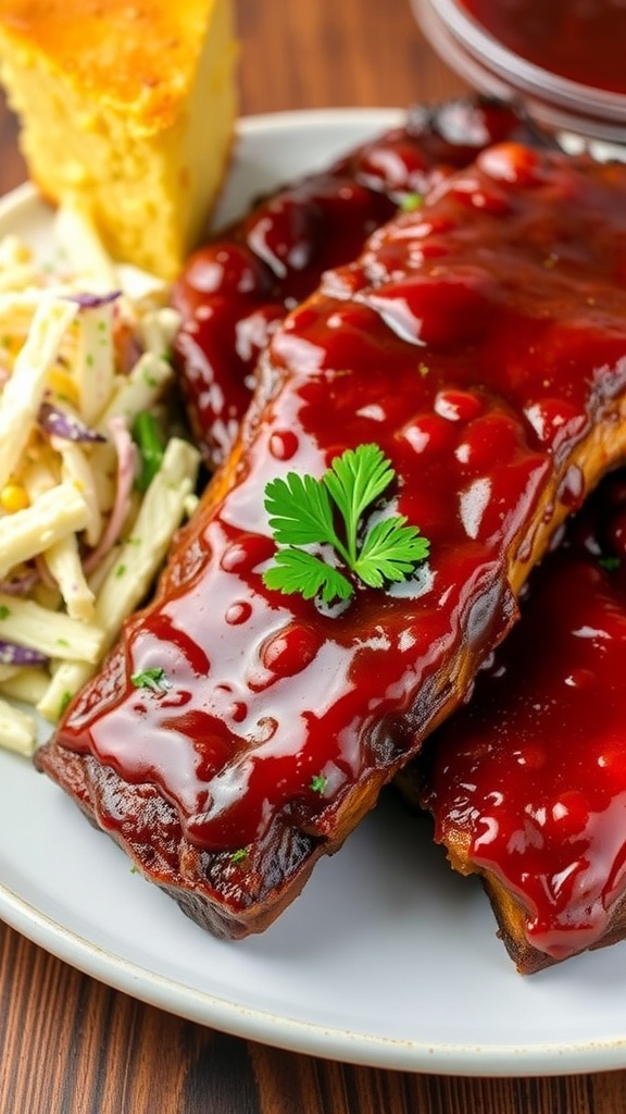 Oven-baked country style ribs glazed with barbecue sauce, served with coleslaw and cornbread on a rustic table.